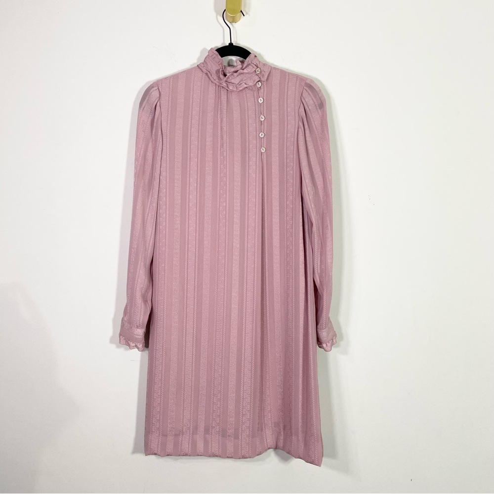 Hanae Mori Vintage Pink Satin High Neck Long Sleeve Floral Embossed Shift Dress